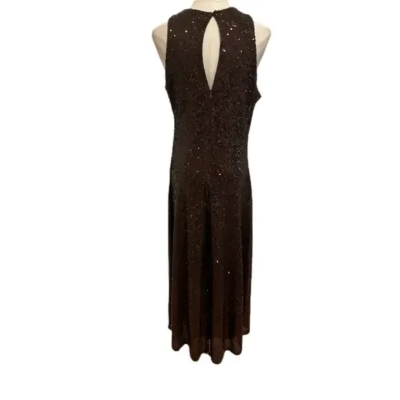 Y2K BROWN SEQUIN MAXI DRESS W KEYHOLE BACK GLAMOROUS GOWN MINIMALIST STYLE M - Picture 6 of 12